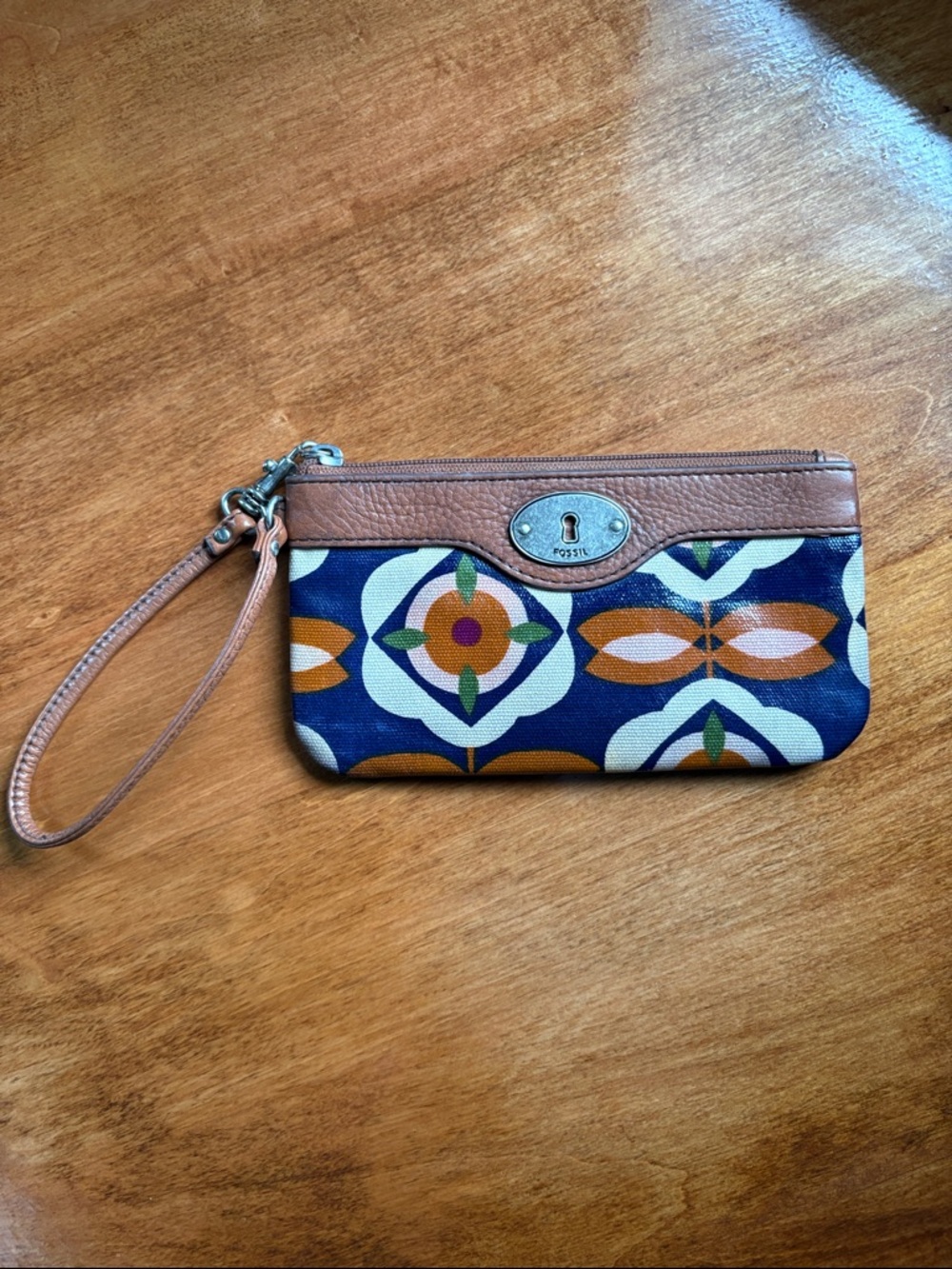Fossil Navy Floral Print Wristlet with Brown Leather Trim